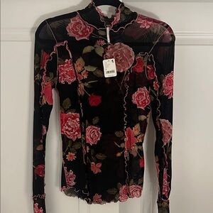 Free People Black and Pink Floral Mesh Blouse